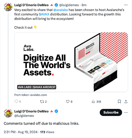 Ava Labs COO’s X Account Hacked, Promotes Scams