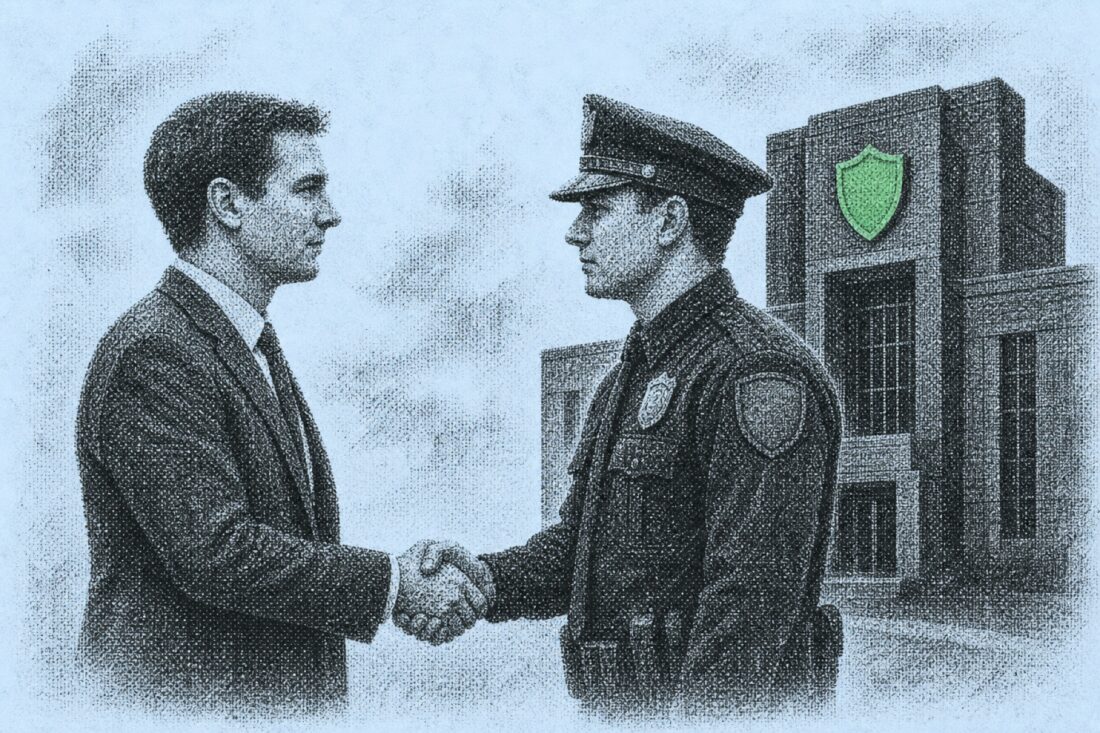 Business and police officials handshake before headquarters shield emblem