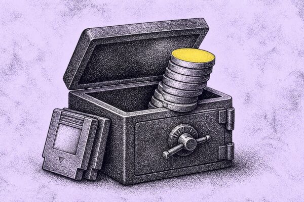 Corporate treasury box spilling plain token discs beside game cartridges
