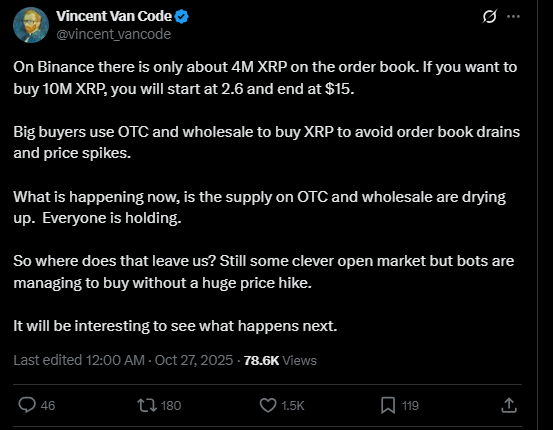 XRP Price News: XRP Price Surge Looms as Binance Liquidity Dries Up, Warns Pro-Ripple Engineer