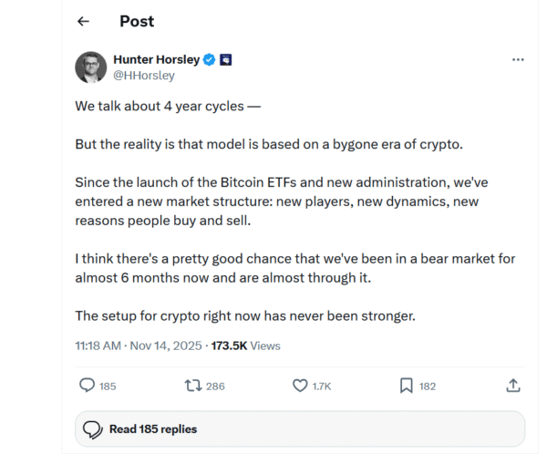 Bitwise CEO Hunter Horsley declares the four-year crypto cycle dead, replaced by a mature market structure driven by Bitcoin ETFs and regulatory shifts.