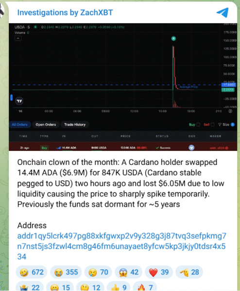 A five-year Cardano holder accidentally lost $6.05 million in ADA tokens during a stablecoin swap, highlighting extreme decentralized finance risks.