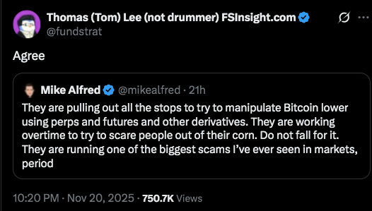 Tom Lee replies to tweet on market manipulation