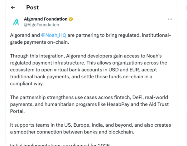 Algorand and Noah have partnered to deliver institutional-grade, regulated payment infrastructure on-chain. This key integration allows Algorand businesses to access virtual USD and EUR bank accounts.