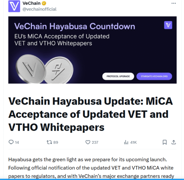 VeChain’s Hayabusa upgrade achieves MiCA compliance. This follows a DPoS governance shift, enhancing regulatory clarity and institutional readiness for VET and VTHO.