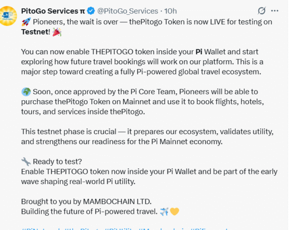 Pi Network News: Pi Network Launches Pitogo Travel Token on Testnet