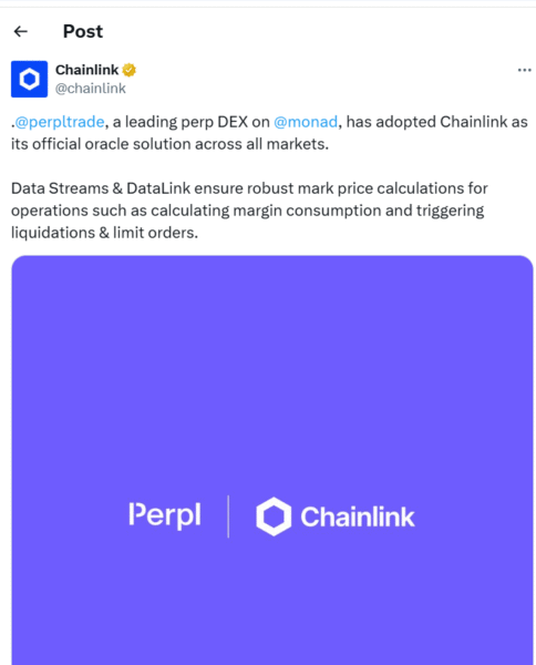 Perpl Trade, a leading DEX on Monad, adopted Chainlink as its official oracle solution. This ensures robust mark price calculations and enhanced reliability.