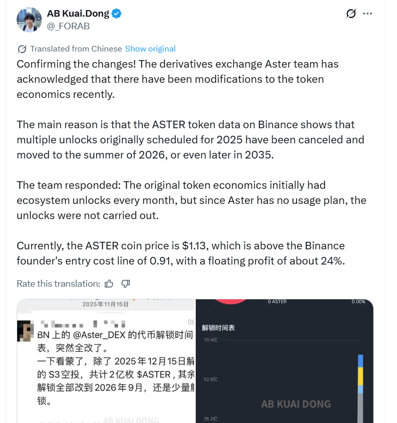 Aster DEX confirms delays for ASTER token unlocks, pushing releases to 2026 and 2035 due to no immediate need for ecosystem tokens.