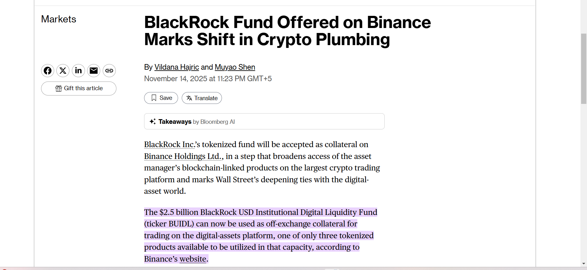 Binance now accepts BlackRock’s BUIDL fund as off-exchange collateral, allowing institutions to trade while earning yield on their custodied assets.