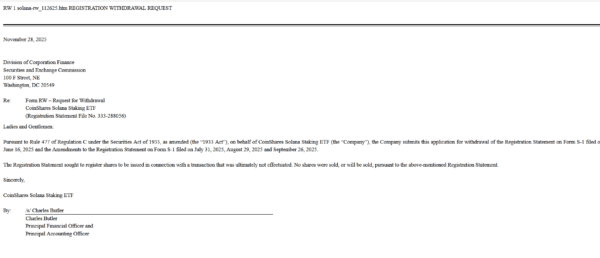 CoinShares withdrew its staked Solana ETF application from the SEC. The fund's underlying transaction was never completed.