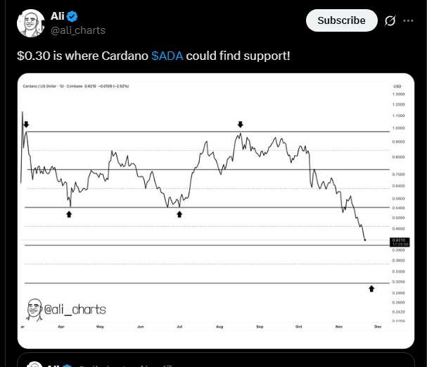Cardano Price Prediction: Cardano Network Block Production Slows, ADA Nears Crucial $0.30 Support