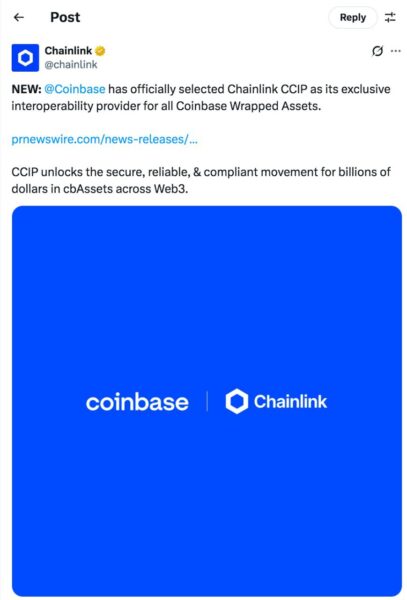 Chainlink CCIP to Boost Coinbase Wrapped Assets