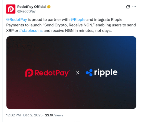 RedotPay partners with Ripple to offer an instant crypto-to-Naira payout feature with faster settlement and lower costs.