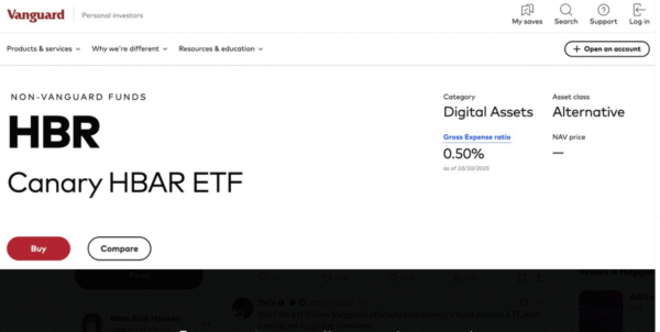 Vanguard lists the first HBAR ETF, giving global investors regulated Hedera exposure while expanding access to crypto-linked products through traditional platforms.