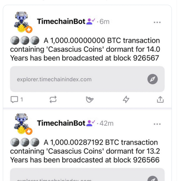 Two long-dormant Casascius coins, each holding 1,000 BTC, have been redeemed, releasing over $179 million after more than 13 years.