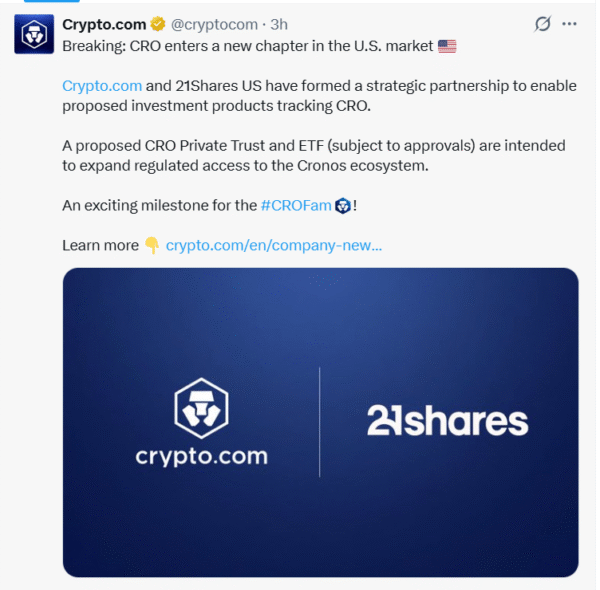21Shares and Crypto.com partner to establish a CRO private trust and ETF. This provides regulated, transparent access to the Cronos blockchain.