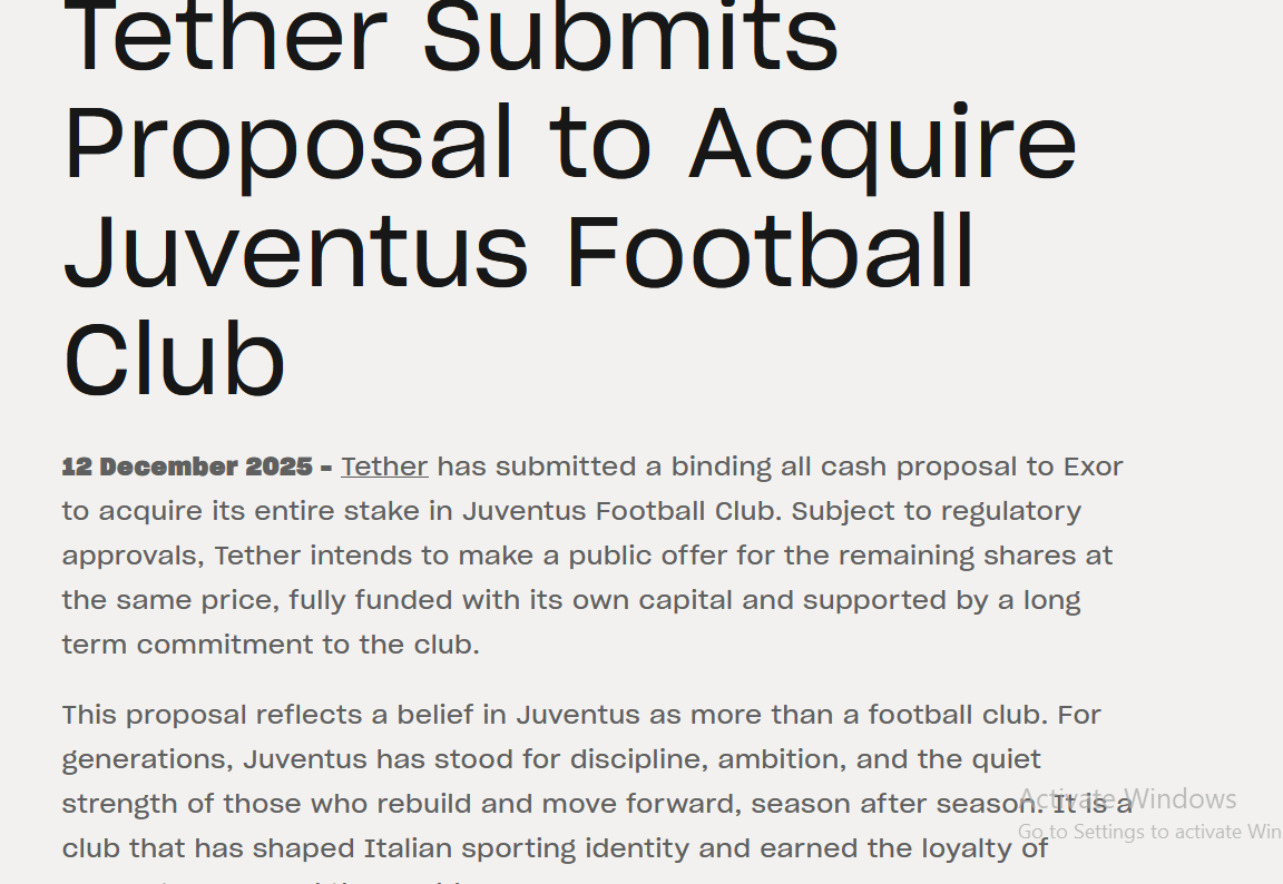 Tether Makes All-Cash Move for Juventus in Landmark Sports Bet
