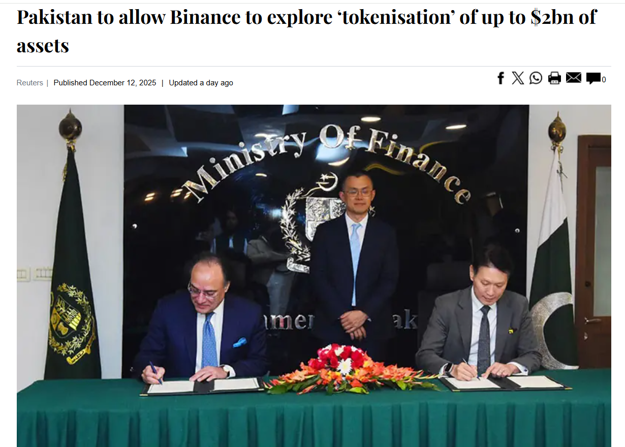Pakistan signs Binance MoU to explore $2 billion asset tokenization, advance stablecoin plans, and formalize crypto regulation.