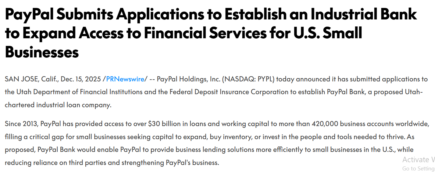 PayPal Applies for Utah Bank License to Launch PayPal Bank