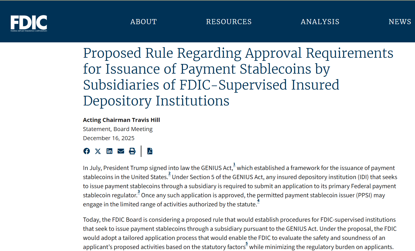 The FDIC proposes a framework under the GENIUS Act outlining how banks can apply to issue payment stablecoins through subsidiaries.