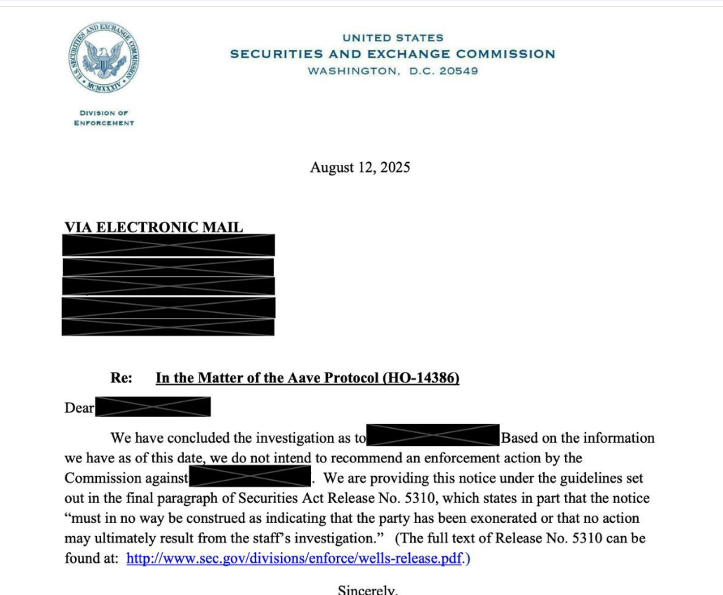 The US SEC formally closes its four-year investigation into Aave Protocol, easing regulatory pressure and offering clearer conditions for DeFi developers.
