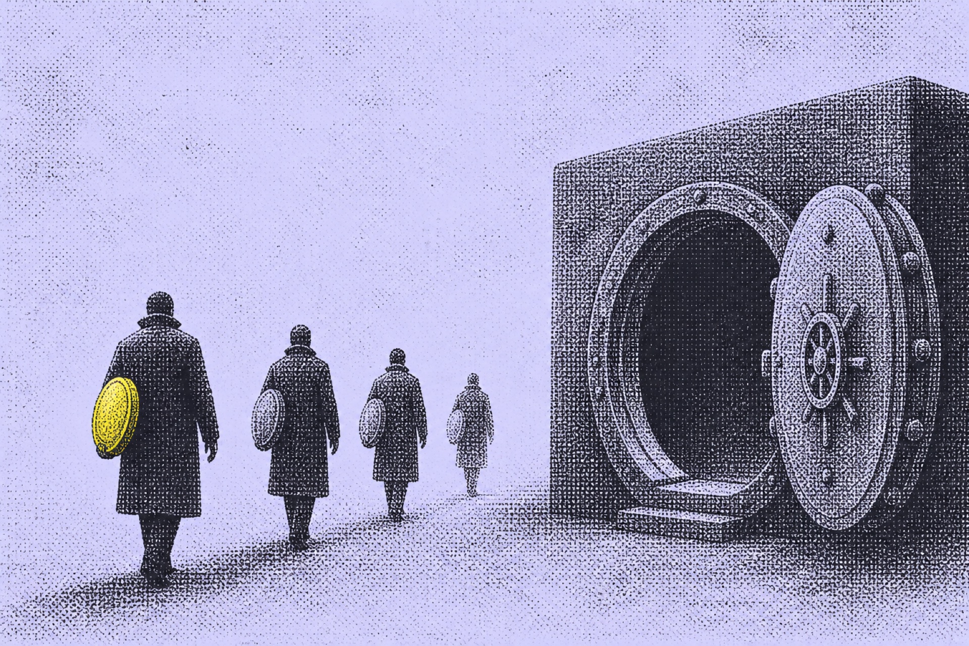 Figures leaving an open vault carrying Bitcoin discs