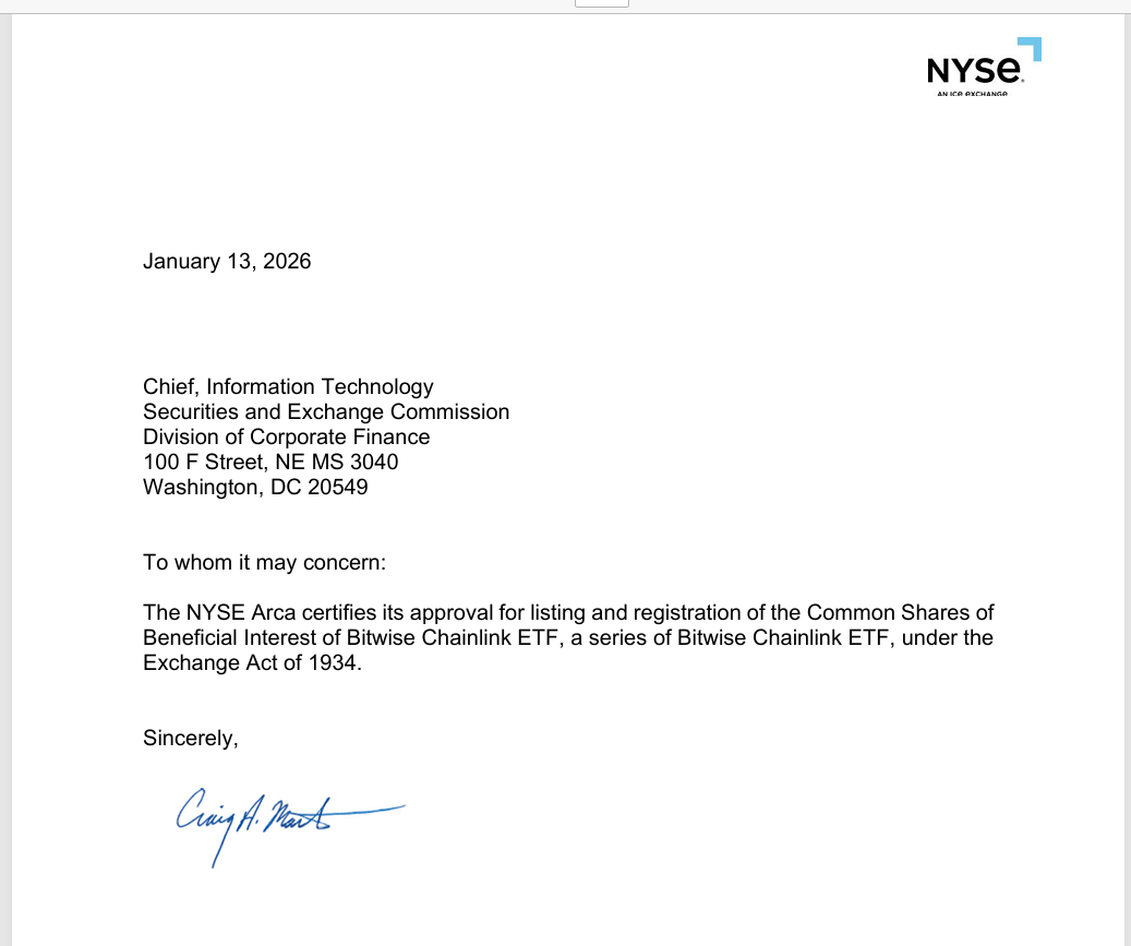Bitwise Chainlink ETF Approved for NYSE Arca Listing