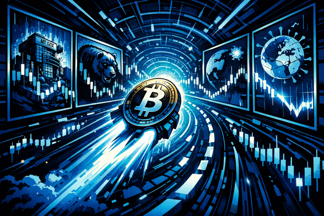 A glowing Bitcoin coin rockets through a neon blue tunnel of candlestick charts, passing framed scenes of past market crashes in a retro-futuristic comic style.