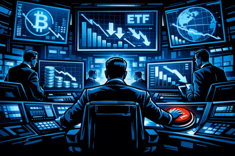 A retro-futuristic comic-style control room in blue and black tones shows suited institutional figures monitoring falling Bitcoin and ETF charts as a central figure presses a glowing red sell button.