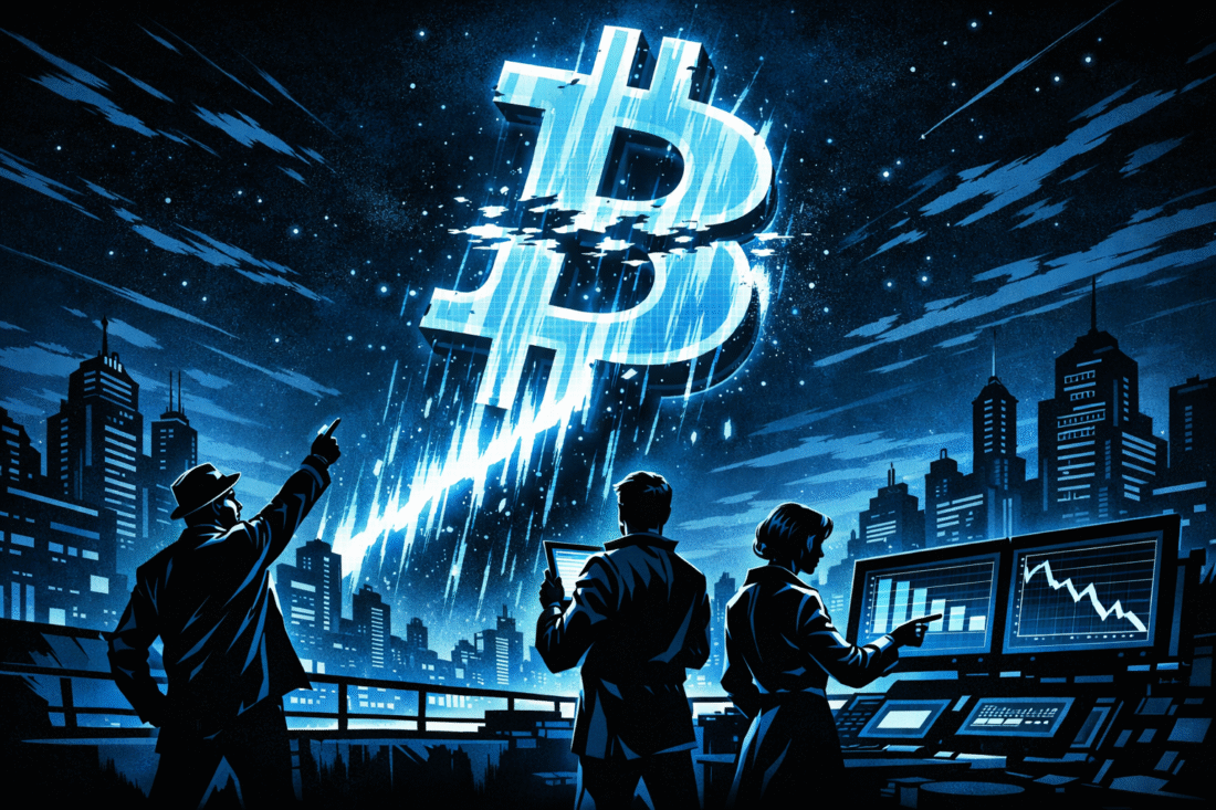 Bitcoin glows as a fractured blue hologram rising above a futuristic city while silhouetted analysts study unstable charts from a rooftop.