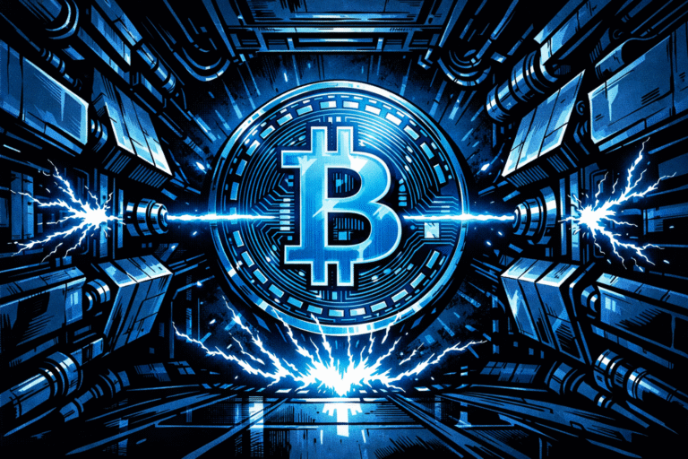 A glowing Bitcoin coin is suspended inside a futuristic chamber as mechanical walls close in and blue electricity surges around it.