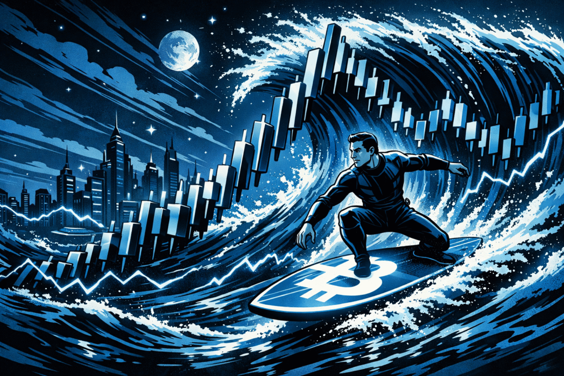 A retro-futuristic comic scene shows a lone surfer riding a glowing Bitcoin-branded board across towering candlestick-chart waves beside a neon city under a moonlit sky.
