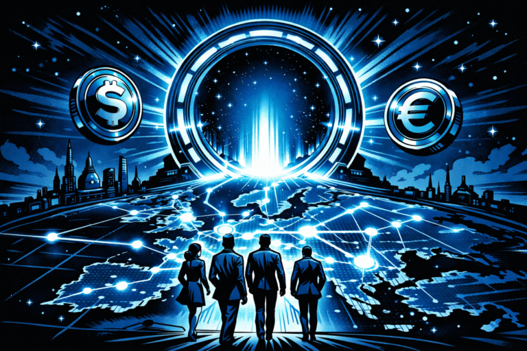 A retro-futuristic blue-and-black comic scene shows four silhouetted figures facing a glowing portal above a digital map of Europe, with dollar and euro coin symbols floating on either side.