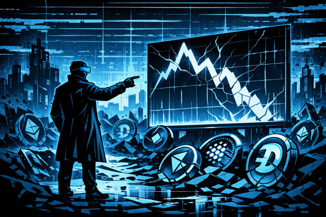 A silhouetted analyst in a glowing visor points at a cracked downward chart amid shattered altcoin symbols in a blue-toned futuristic cityscape.