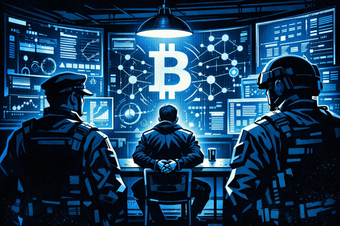 A handcuffed suspect sits at a metal table in a dark, futuristic command room as silhouetted officers stand nearby and glowing crypto data fills large blue holographic screens behind him.