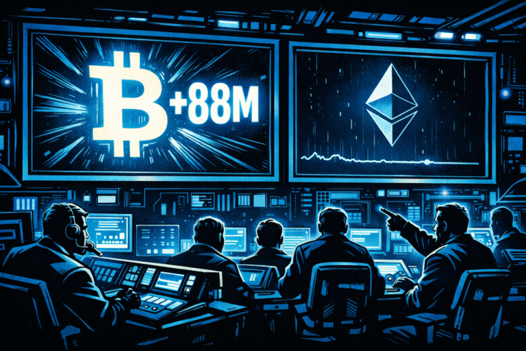 A retro-futuristic comic-style trading room shows silhouetted analysts watching two giant blue-lit screens, one glowing with a bright Bitcoin symbol and +88M, and the other displaying a dim Ethereum logo with a flat line chart.