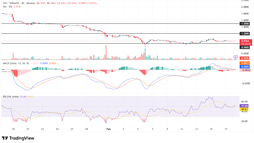 SUI consolidates near resistance as momentum cools. 