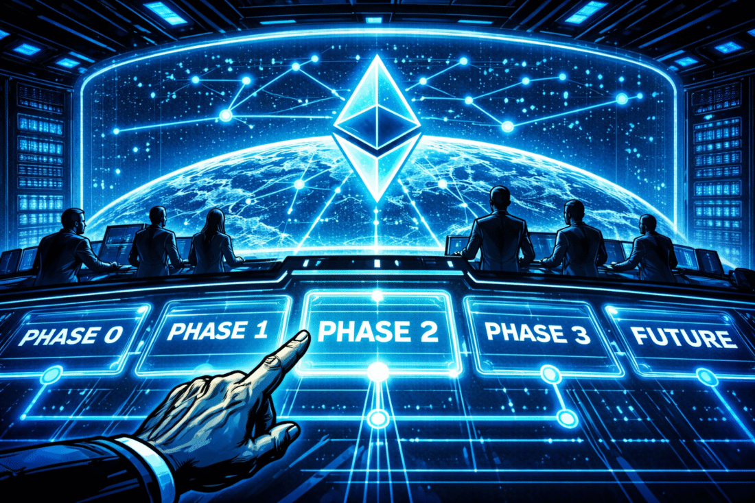 Silhouetted figures review a glowing Ethereum roadmap above Earth in a retro-futuristic blue command center.
