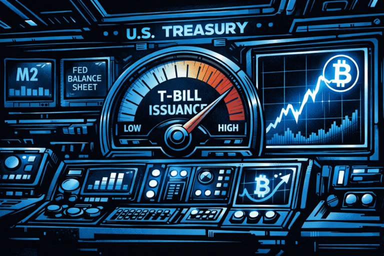 A retro-futuristic comic-style control room shows a large T-Bill issuance gauge in the red zone while nearby screens display a rising Bitcoin chart in glowing blue tones.