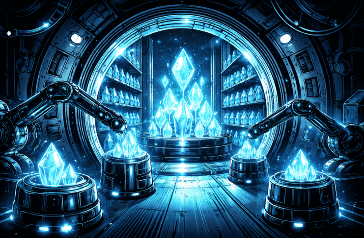 A retro-futuristic comic-style underground vault glows in blue light as robotic arms move luminous Ethereum crystals into high-tech storage pods inside a massive circular chamber.