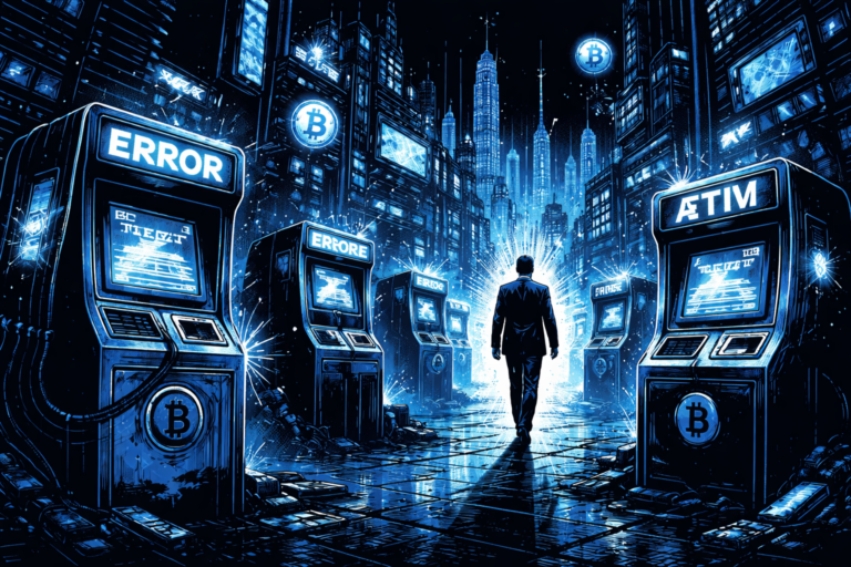 A silhouetted businessman walks through a neon-blue cyberpunk city lined with glitching Bitcoin ATMs flashing error screens as sparks and digital distortions fill the scene.