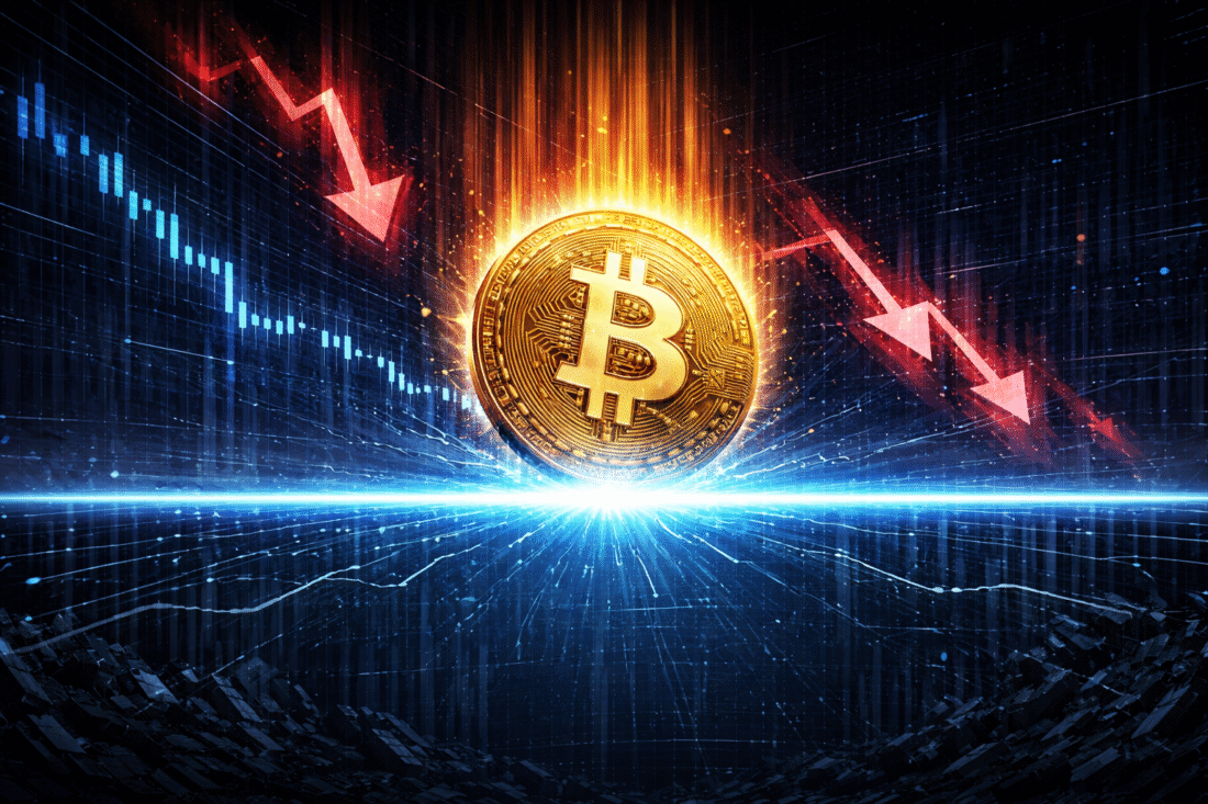 A glowing Bitcoin falls toward a bright support line as red downtrend arrows surround it.