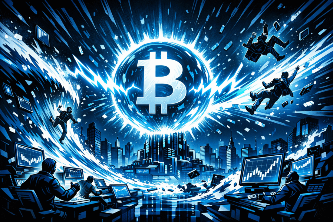 A glowing Bitcoin orb releases violent shockwaves over a futuristic city as traders and trading screens are thrown into the air.
