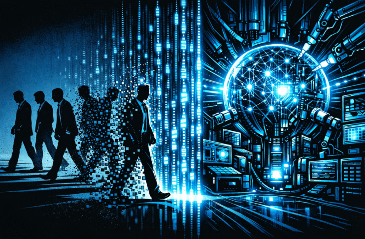 A retro-futuristic comic-style scene shows silhouetted workers dissolving into glowing data streams that flow into a bright AI core surrounded by machines.