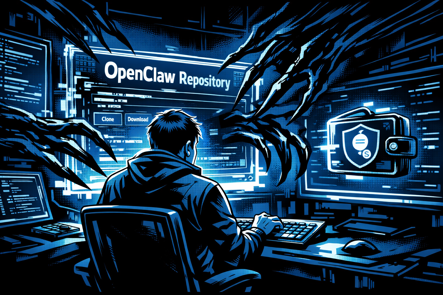 A developer works at a glowing holographic screen labeled “OpenClaw Repository” as dark, claw-like digital tendrils reach toward a floating crypto wallet in a blue-toned cyberpunk setting.