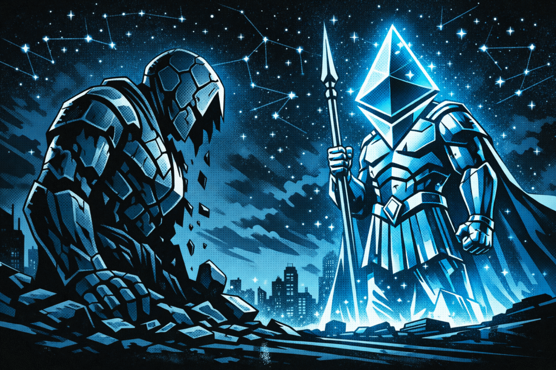 Two towering Ethereum statues face each other under a star-filled futuristic sky, with one cracked and slumped in ruin while the other stands tall and glowing above a dark city skyline.