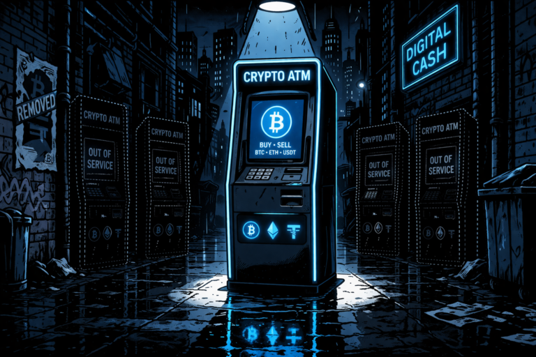 A lone glowing crypto ATM stands among dark, inactive machines in an alley.