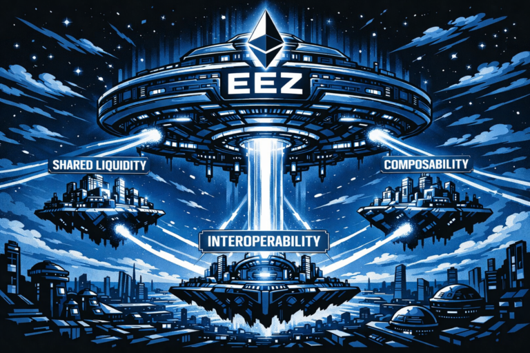 A futuristic EEZ structure links multiple floating blockchain hubs with glowing beams.