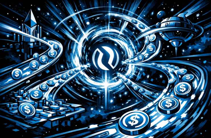 USDC coins flow through glowing pathways into a central portal linking multiple chains.