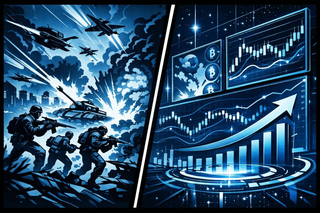 A split-panel retro-futuristic comic illustration shows blue-toned battlefield chaos with soldiers, tanks, and jets on the left, contrasted by glowing cryptocurrency charts and a rising arrow on the right.